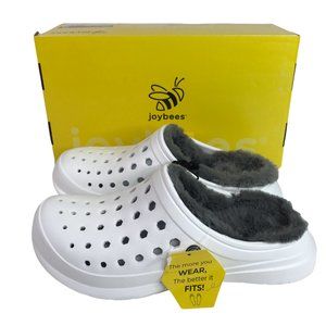 Joybees Comfort Cozy Clog Slip On Shoes White with Gray Faux Fur Lining